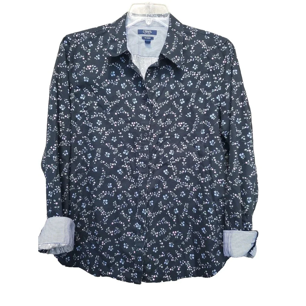 Chaps No Iron Women's Cotton Black Floral Print Contrast-Cuff Button-Up Top XXL